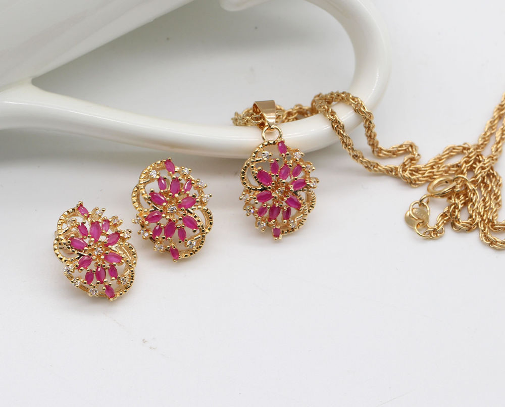 Natural Ruby Earrings
 Natural Red Ruby &White CZ Gemstone Gold Necklace Earrings