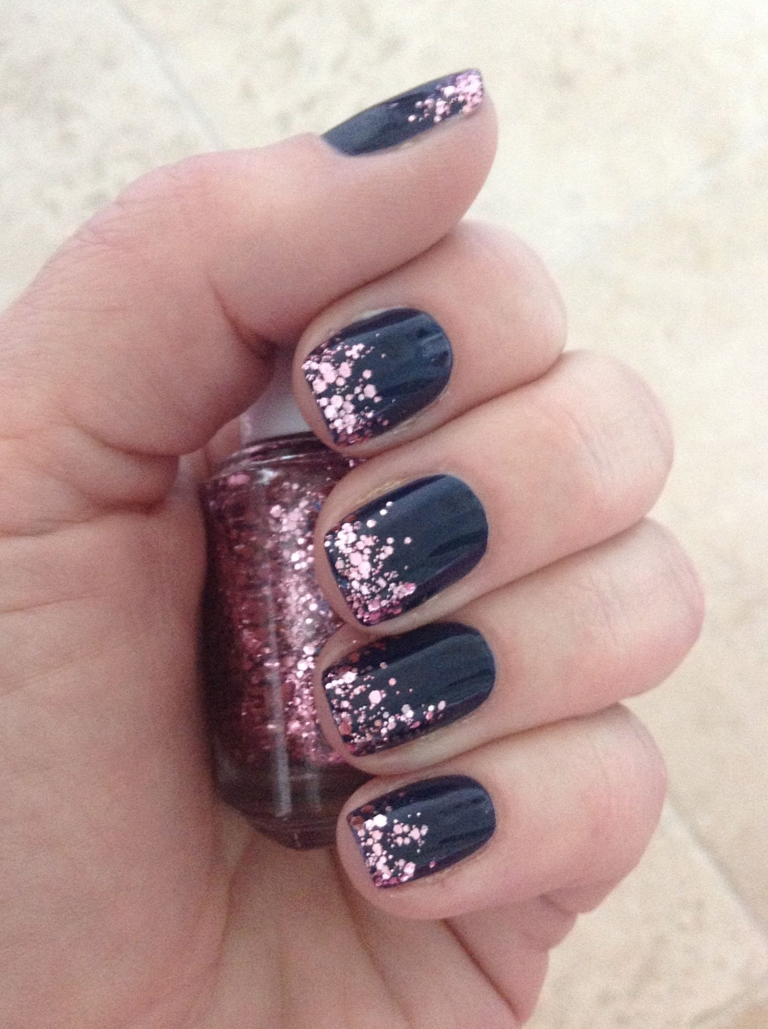 Navy Blue Glitter Nails
 Nails • Navy with pink glitter tips