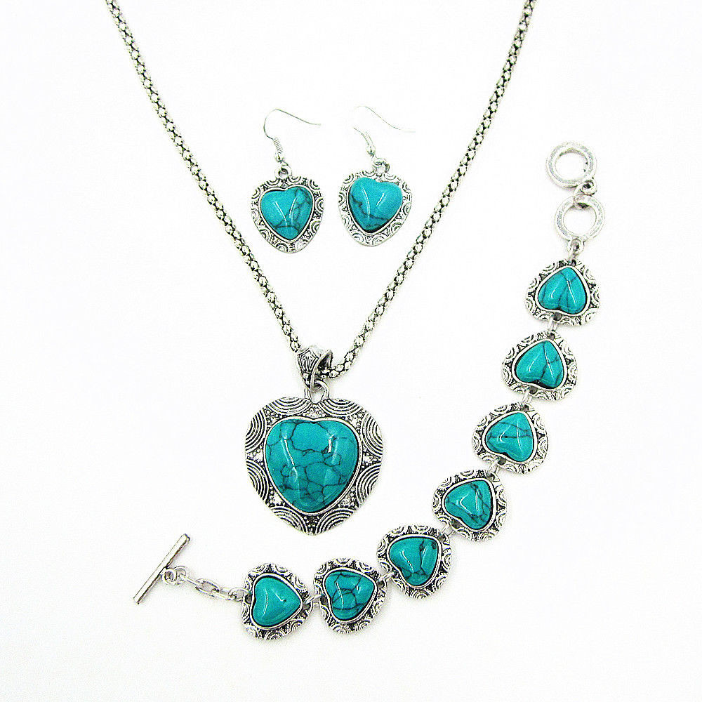 Necklace Earring Sets
 Antique Silver Plated Heart Turquoise Necklace Bracelet