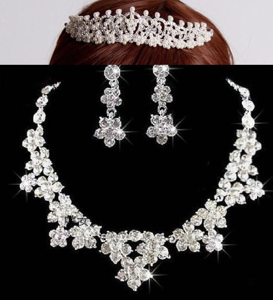 Necklace Earring Sets
 Rhinestone Wedding Pearl Forehead Tiara Clip on Earrings