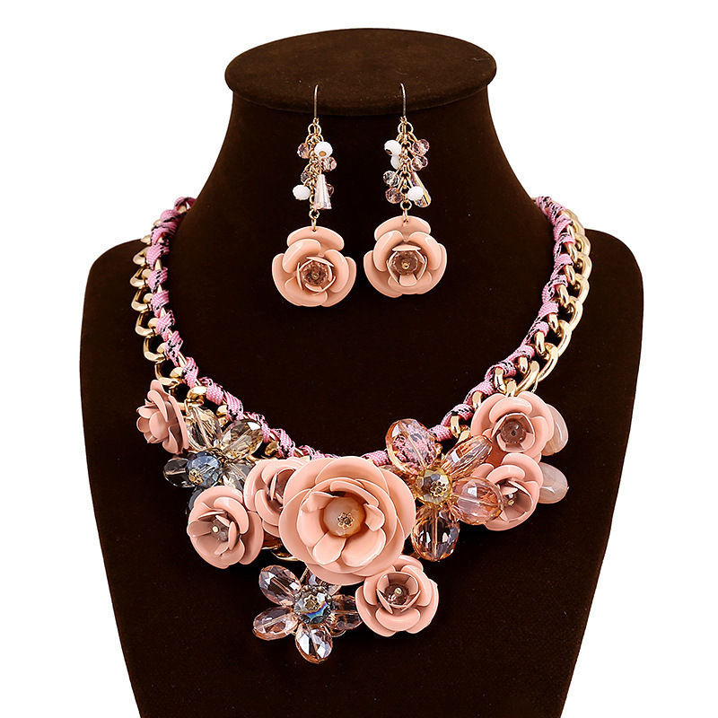 Necklace Earring Sets
 Fashion Women Jewelry Sets Metal Flower Resin Beads Choker