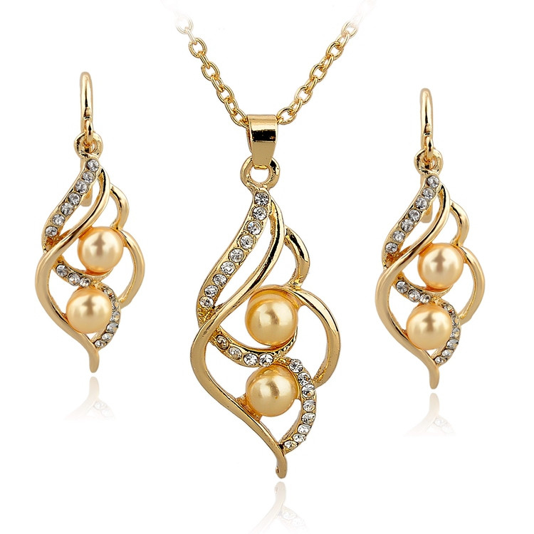 Necklace Earring Sets
 Fashion Double Simulated Pearl Jewelry Set Gold Silver