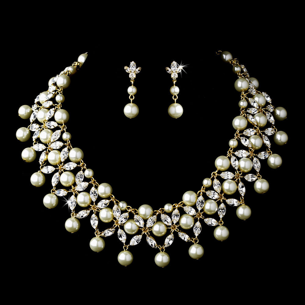 Necklace Earring Sets
 Gold Ivory Pearl Crystal Rhinestone Bridal Necklace Choker