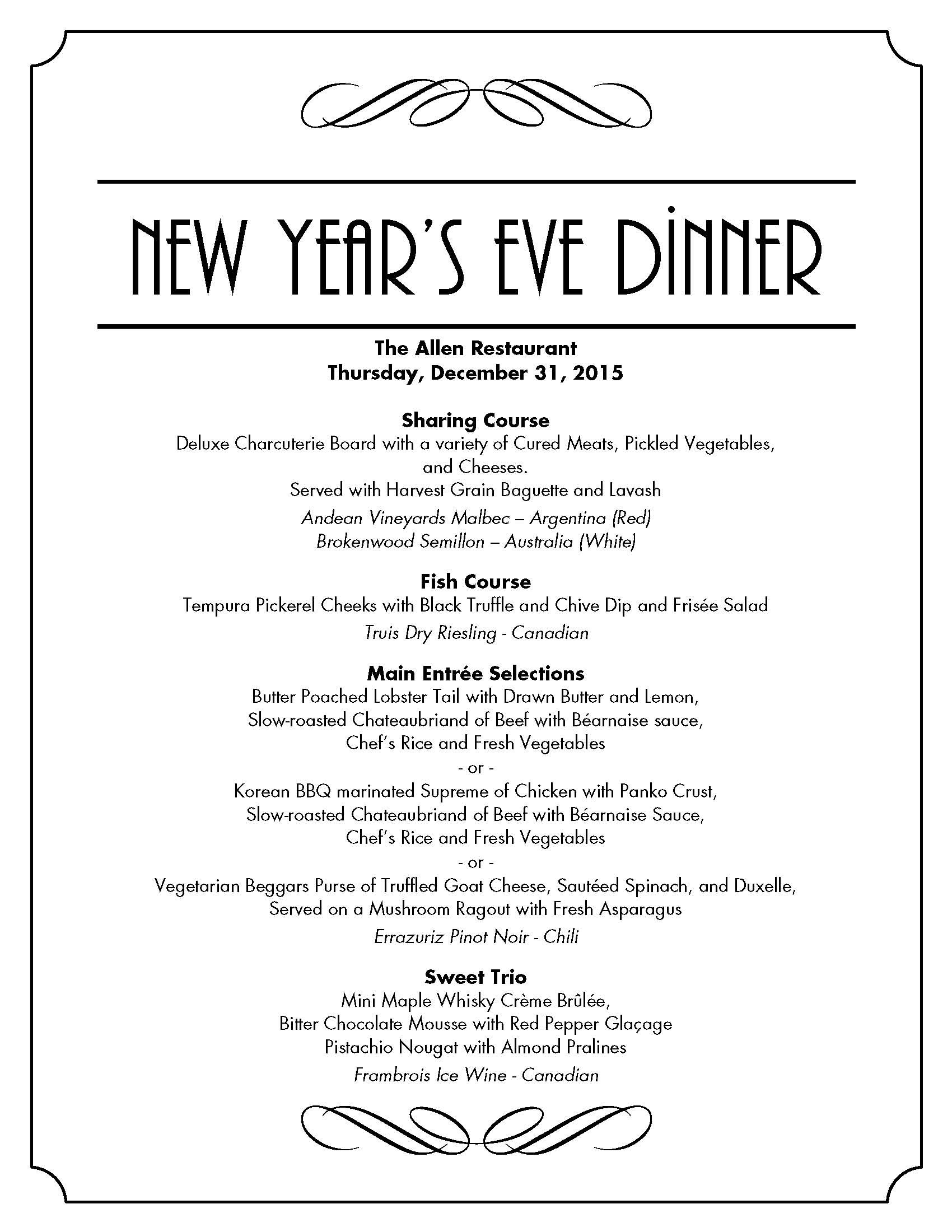 New Year Dinner Menu
 New Years Eve Dinner at The Allen Restaurant