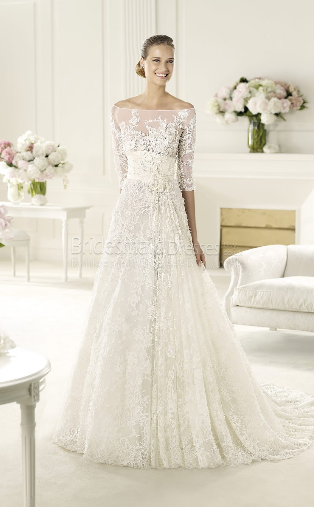 Off The Shoulder Lace Wedding Dress
 Glamorous A line Lace Satin f The Shoulder Half Sleeve