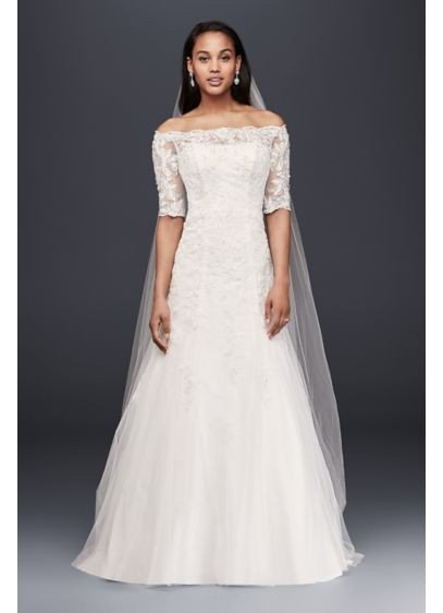 Off The Shoulder Lace Wedding Dress
 Jewel f the Shoulder Lace Petite Wedding Dress
