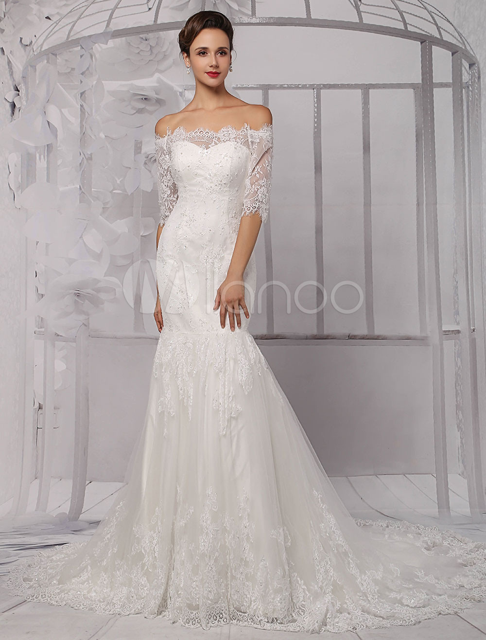 Off The Shoulder Lace Wedding Dress
 Half Sleeve f the Shoulder Lace Wedding Dress in Trumpet