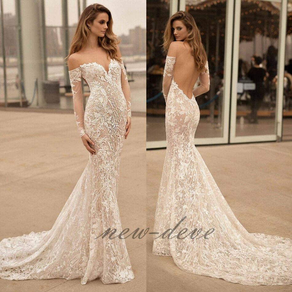 Open Back Wedding Dress
 2018 Mermaid Long Sleeves Wedding Dress White Beach Lace