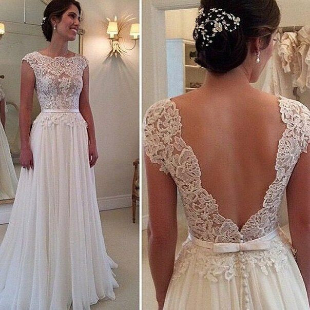 Open Back Wedding Dress
 Elegant Lace Chiffon Beach Wedding Dress y Open Back
