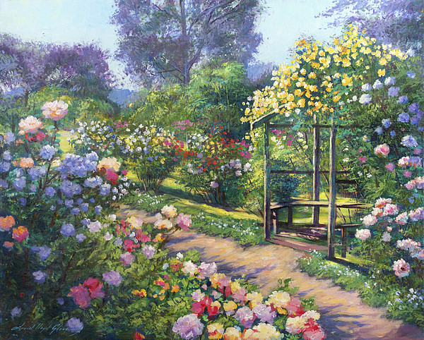 Outdoor Landscape Painting
 An Evening Rose Garden Painting by David Lloyd Glover