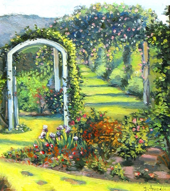 Outdoor Landscape Painting
 Rose garden with arches garden roses landscape oil