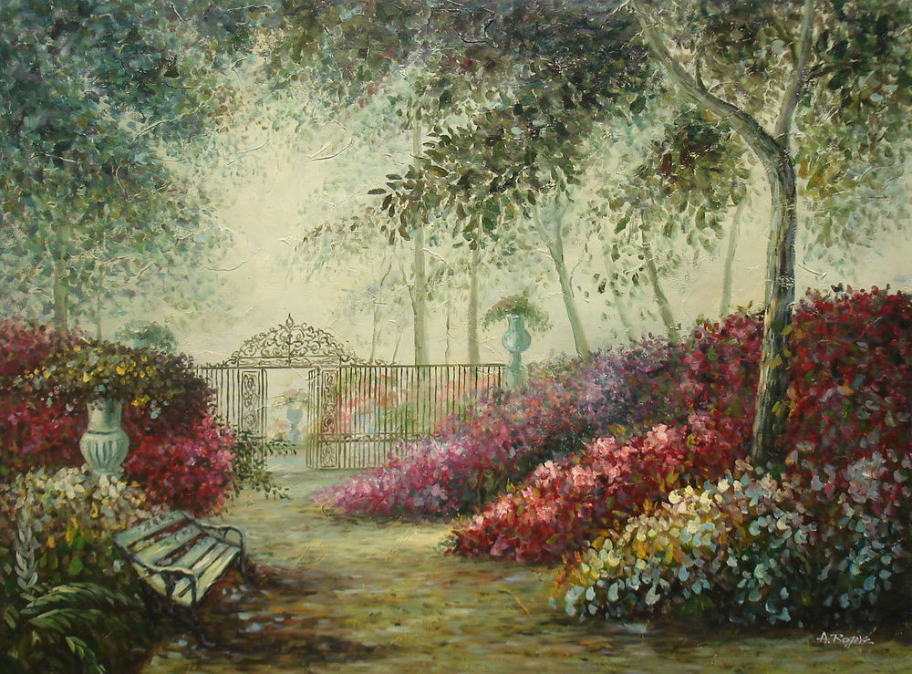 Outdoor Landscape Painting
 Oil Painting of Landscape Flowers Bench by Road to