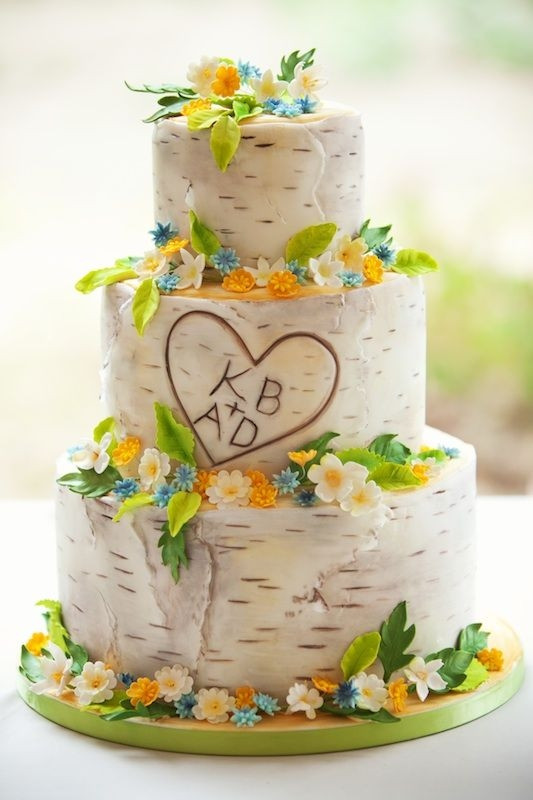 Outdoor Wedding Cakes
 20 Birch Bark and Bright Flowers Say "Yes" to These