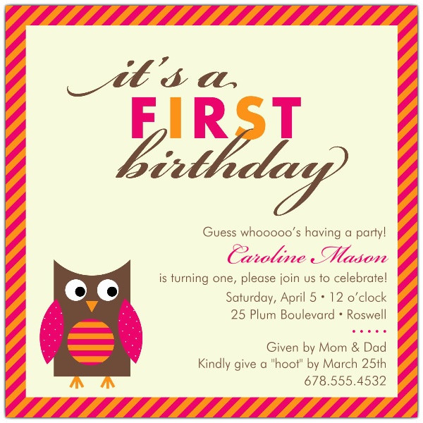 Owl 1st Birthday Invitations
 Baby Owl Pink First Birthday Invitations