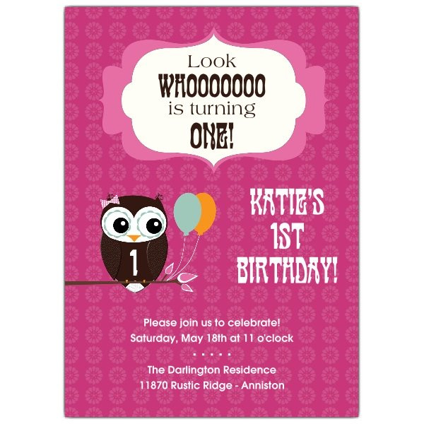 Owl 1st Birthday Invitations
 Cheerful Owl Girl 1st Birthday Invitations
