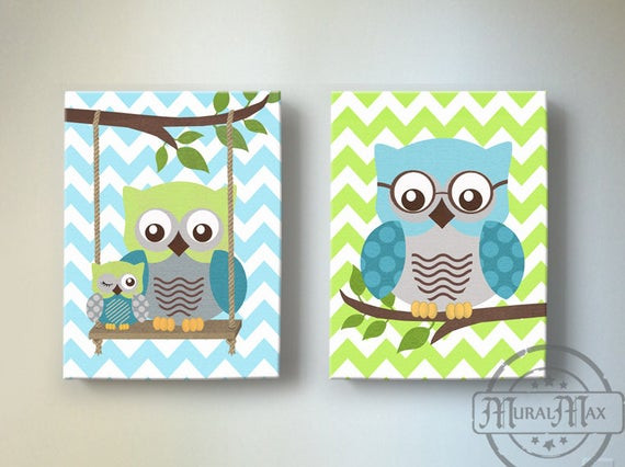 Owl Decor For Baby Room
 Owl Nursery Decor Green and Teal OWL canvas art Baby Boy