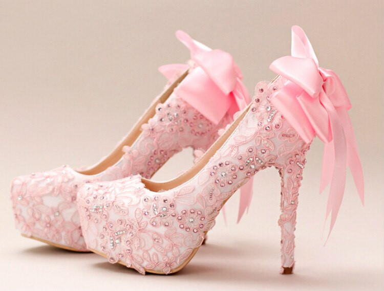 Pale Pink Wedding Shoes
 Pale pink bridal shoes Lace diamond bow high with