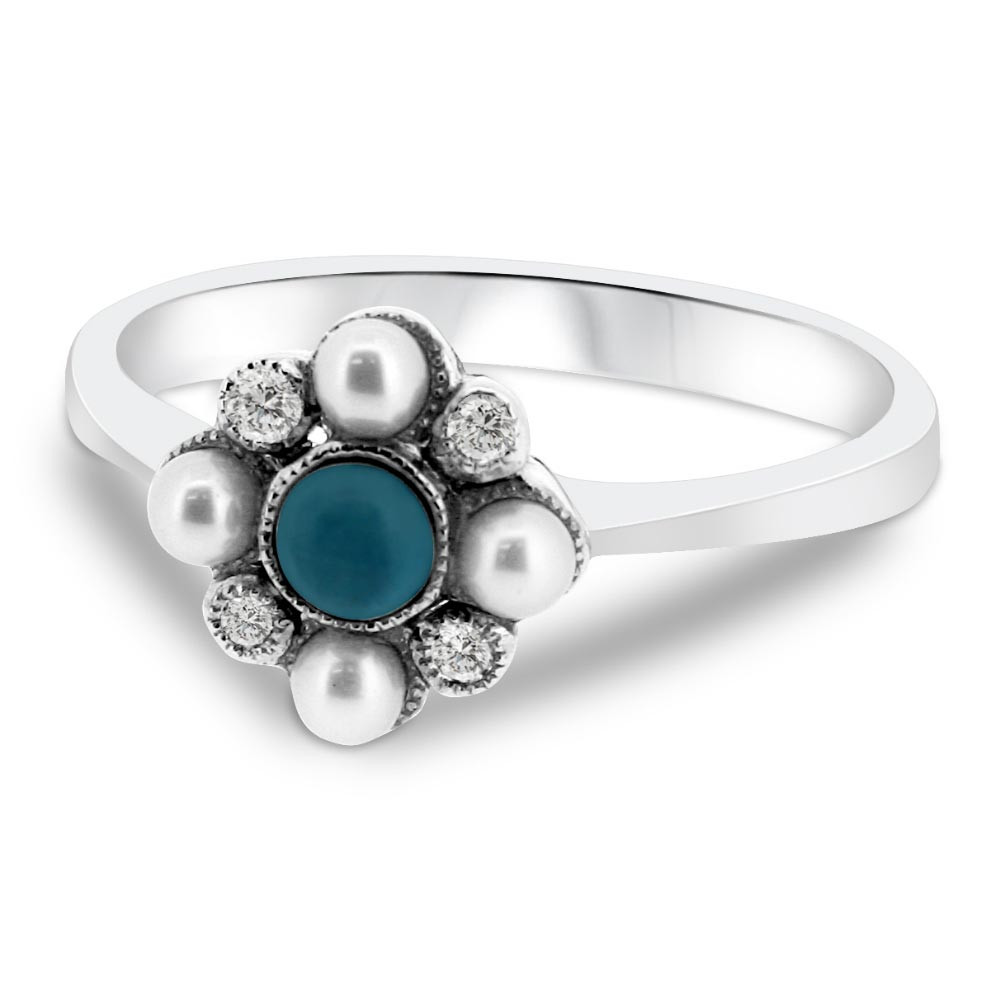 Pearl And Diamond Engagement Rings
 9ct White Gold Turquoise Pearl and Diamond Cluster