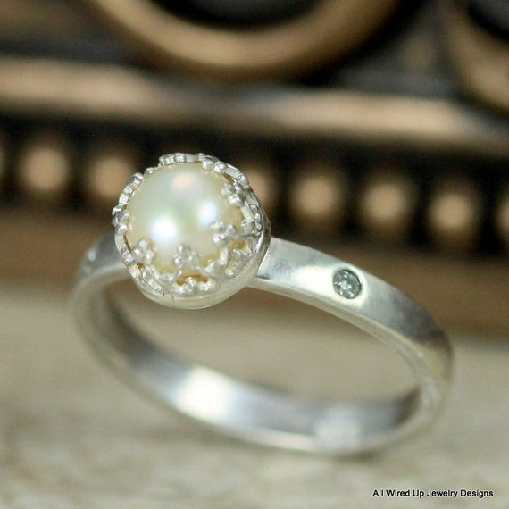 Pearl And Diamond Engagement Rings
 Pearl and Diamond Ring Sterling Silver Engagement Ring by