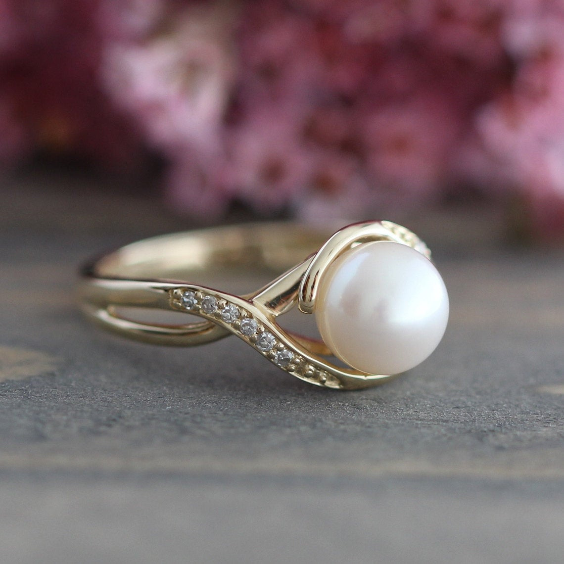 Pearl And Diamond Engagement Rings
 Pearl Engagement Ring in 10k Yellow Gold Infinity Diamond