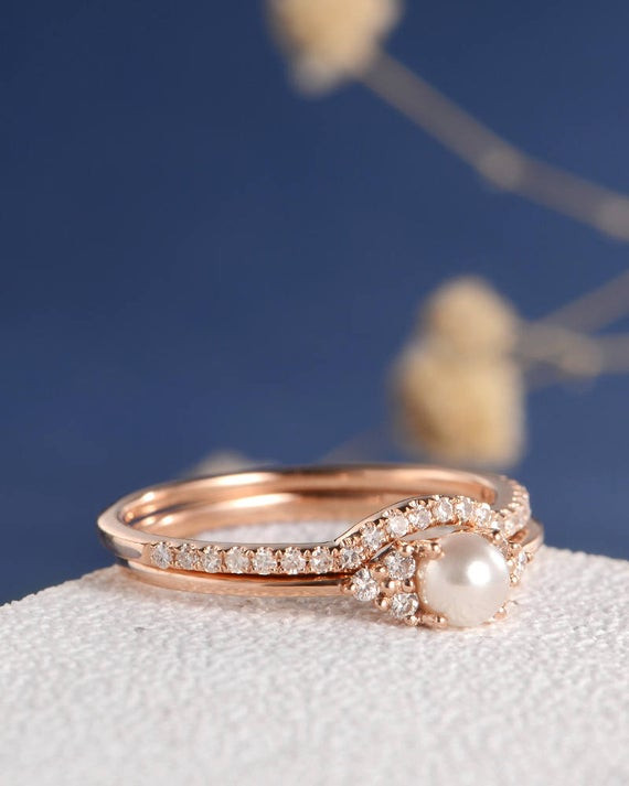 Pearl And Diamond Engagement Rings
 Pearl Engagement Ring Set Rose Gold Bridal Cluster Diamond