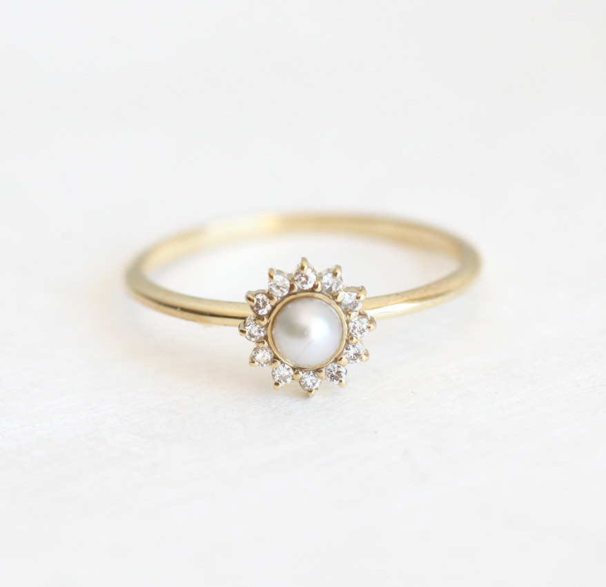 Pearl And Diamond Engagement Rings
 White Pearl Ring with diamonds Pearl Engagement Ring by