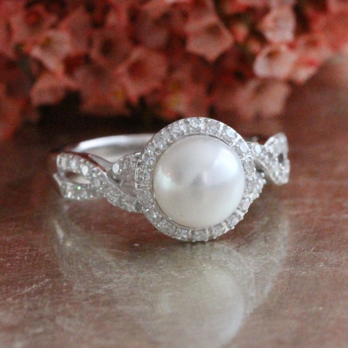 Pearl And Diamond Engagement Rings
 Halo Diamond Pearl Engagement Ring in 10k White Gold Infinity