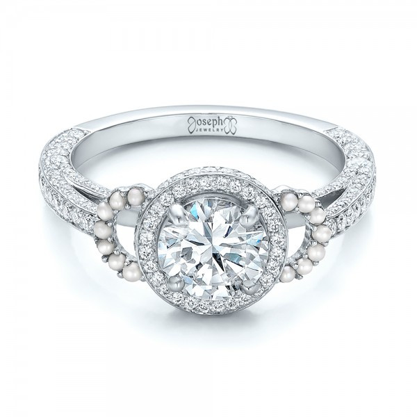 Pearl And Diamond Engagement Rings
 Custom White Pearl and Diamond Halo Engagement Ring