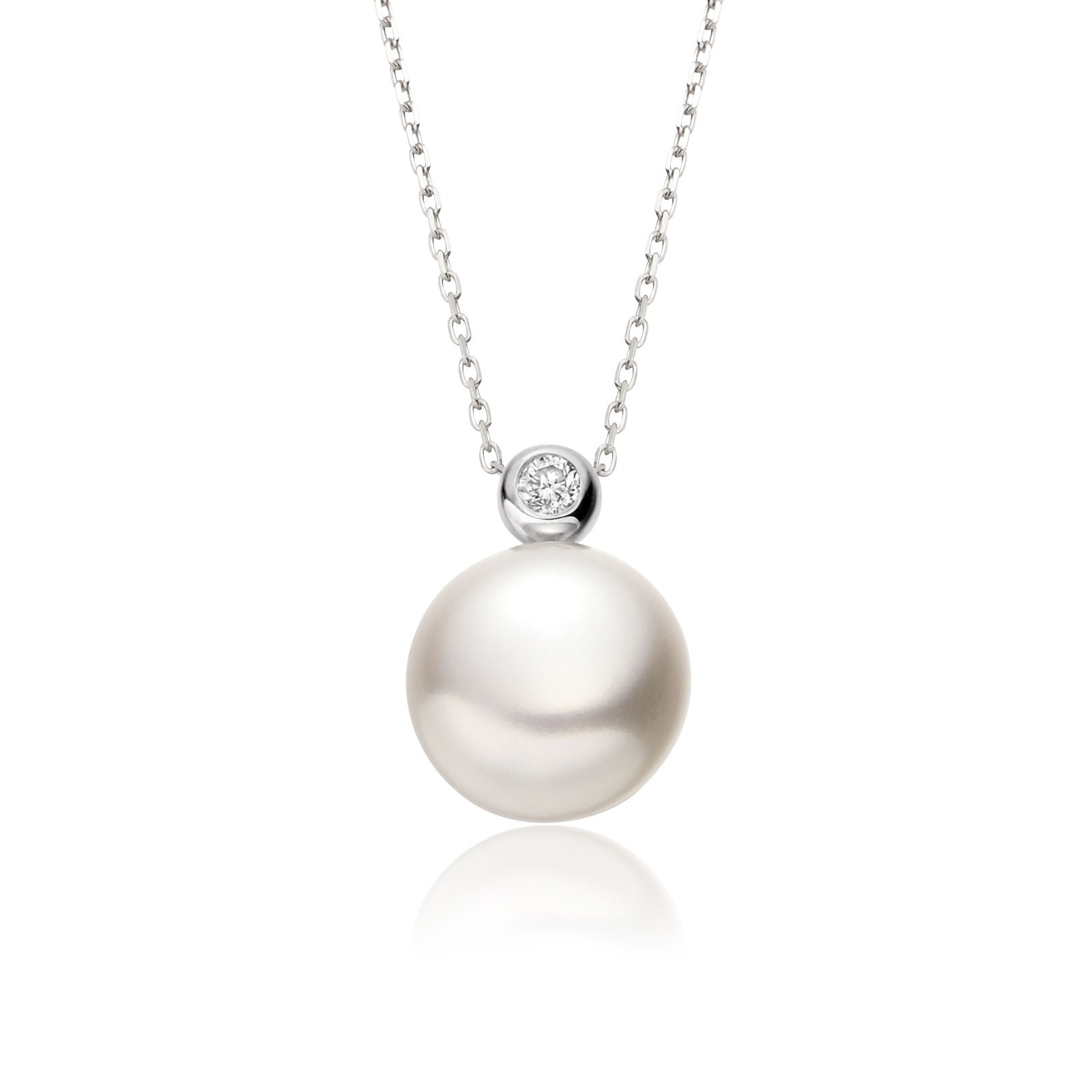 Pearl And Diamond Necklace
 White Button Freshwater Pearl and Diamond Pendant