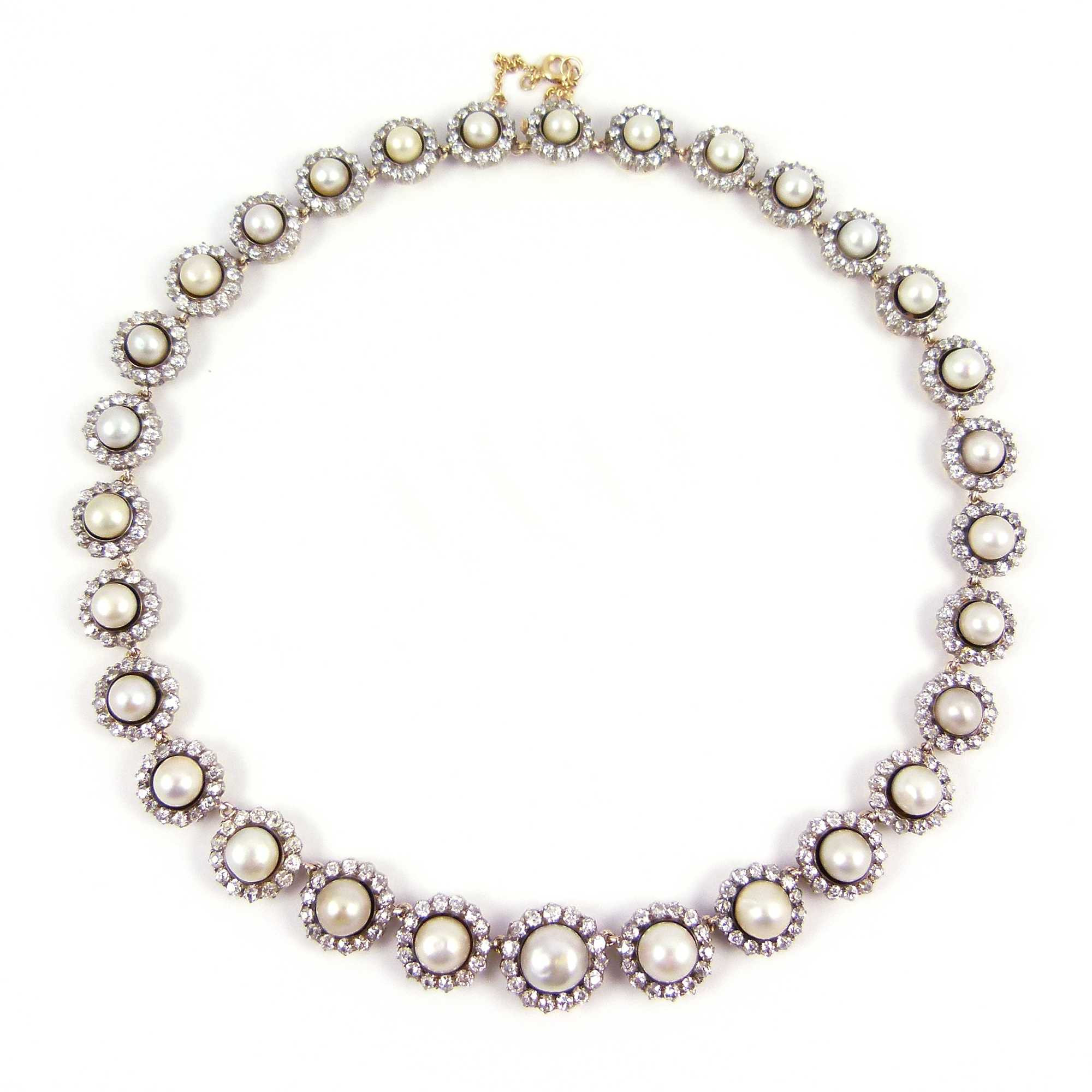 Pearl And Diamond Necklace
 Antique graduated pearl and diamond cluster necklace c