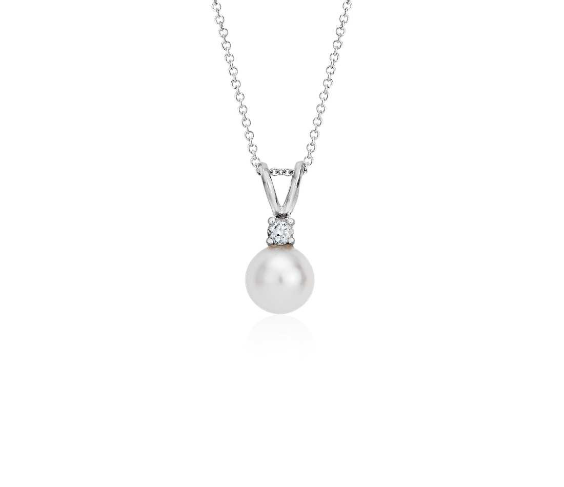 Pearl And Diamond Necklace
 Freshwater Cultured Pearl and Diamond Pendant in 14k White
