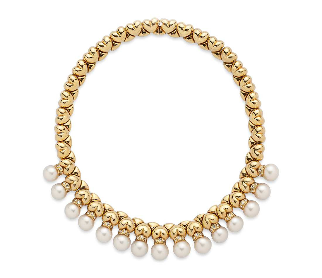 Pearl And Diamond Necklace
 Estate Cultured Pearl and Diamond Necklace in 18k Yellow