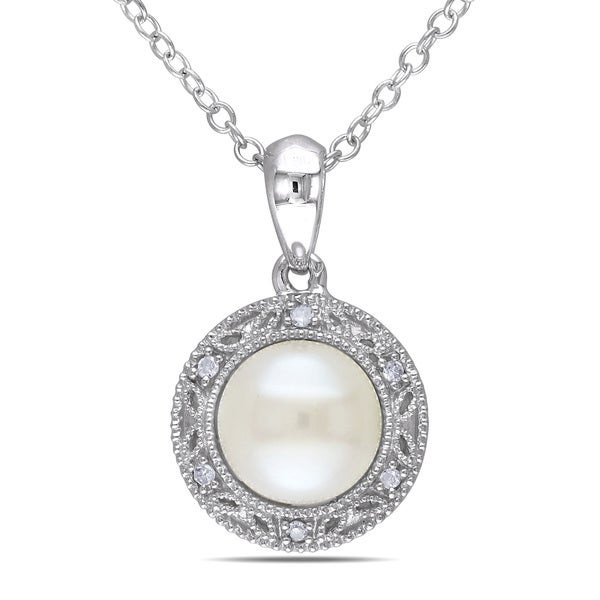 Pearl And Diamond Necklace
 Shop Miadora Sterling Silver Freshwater White Pearl and