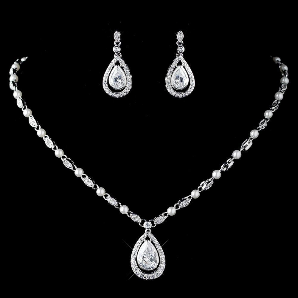 Pearl And Diamond Necklace
 Wedding Bridal CZ Crystal & Diamond White Pearl Necklace