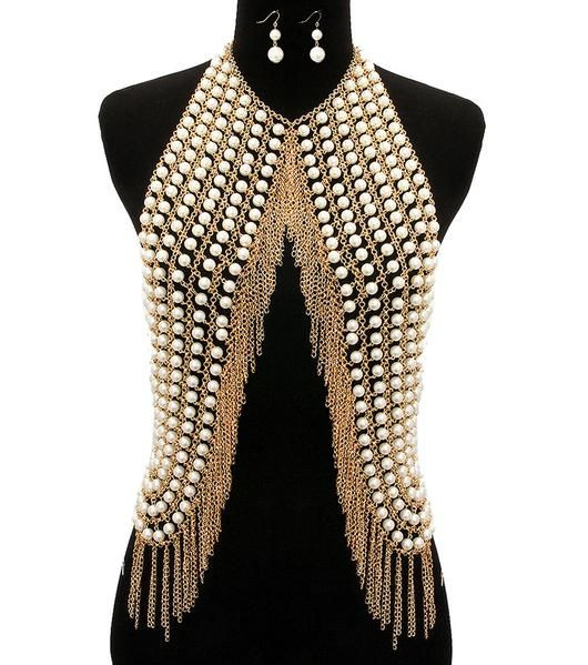 Pearl Body Jewelry
 16" pearl vest body chain collar bib choker necklace