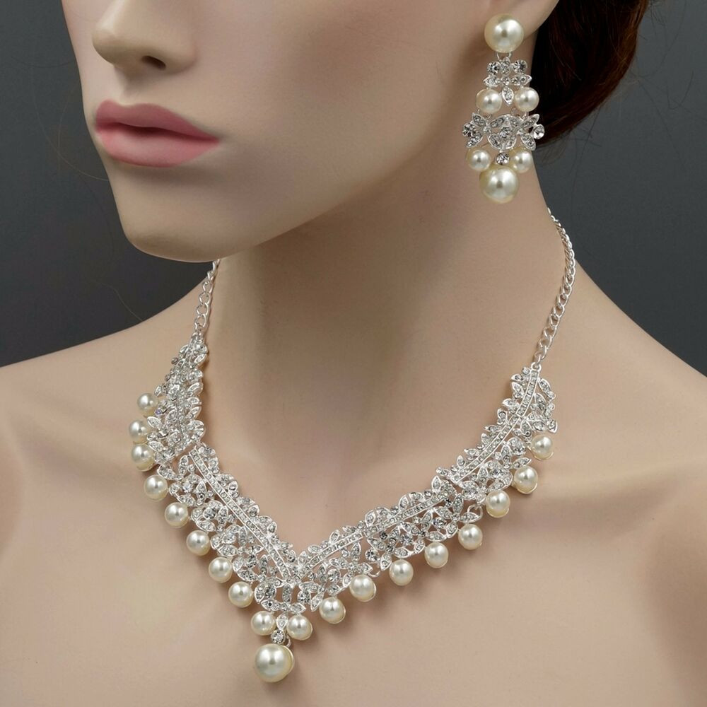 Pearl Bridal Jewelry Sets
 Silver Plated Pearl Crystal Necklace Earrings Bridal