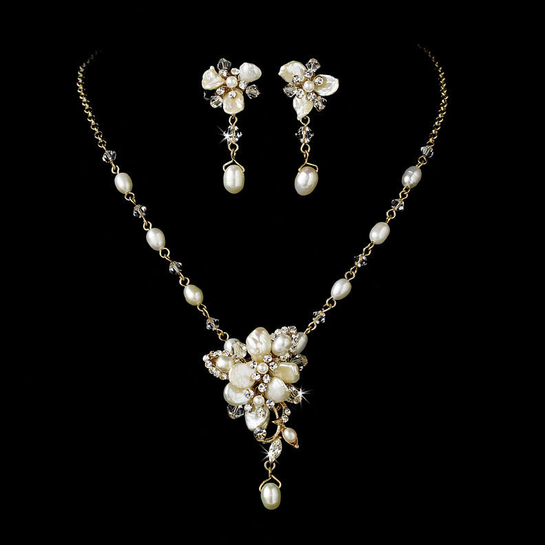 Pearl Bridal Jewelry Sets
 Gold Freshwater Pearl Austrian Crystal Rhinestone Bridal
