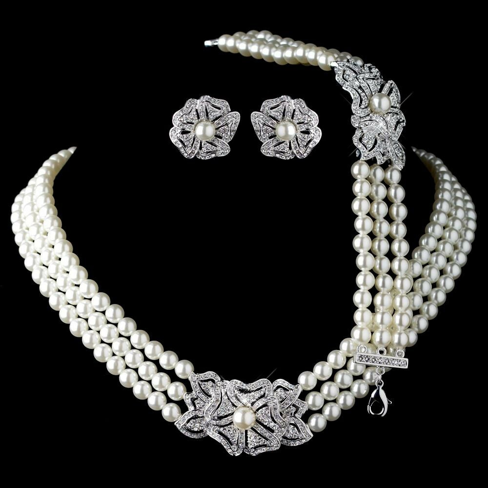Pearl Bridal Jewelry Sets
 Rhodium Ivory Pearl & Rhinestone Necklace Bracelet Vintage