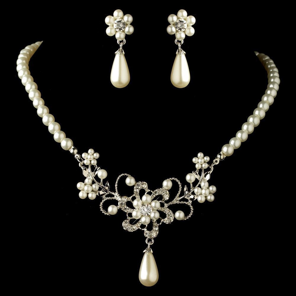 Pearl Bridal Jewelry Sets
 Rhodium White Pearl & Rhinestone Flower Formal Prom Bridal