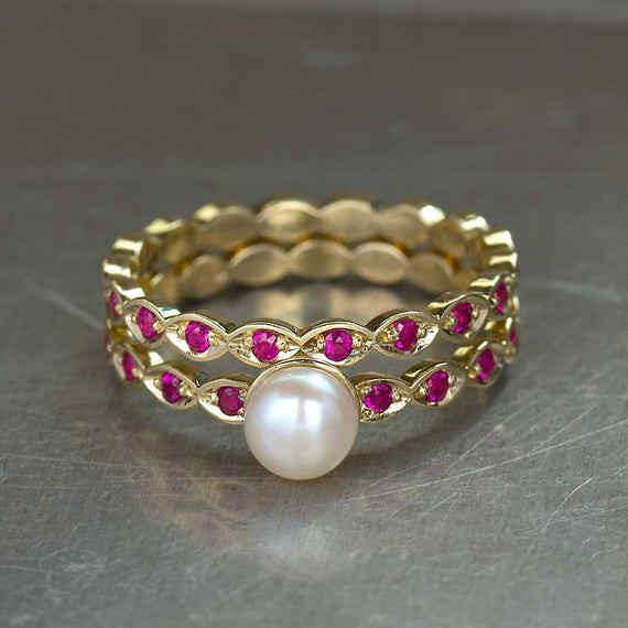 Pearl Wedding Ring Sets
 Pearl Engagement Ring Ruby Wedding Set in 14k Yellow Gold
