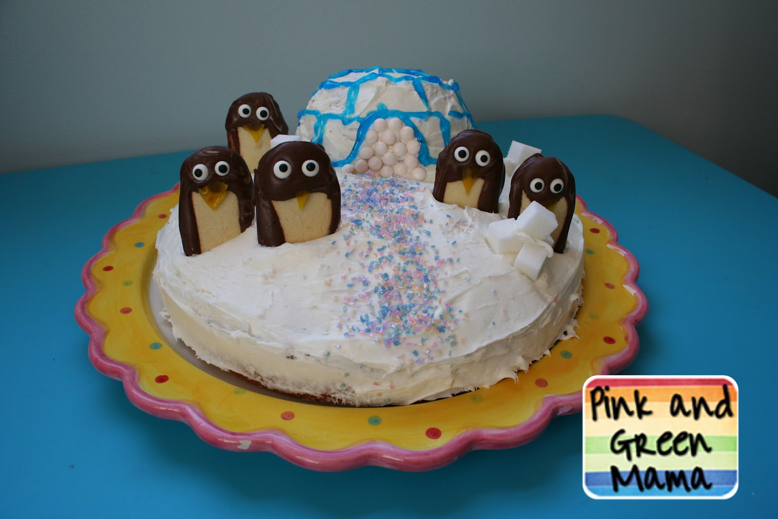 Penguin Birthday Cake
 Pink and Green Mama Penguin Party Birthday Cake and