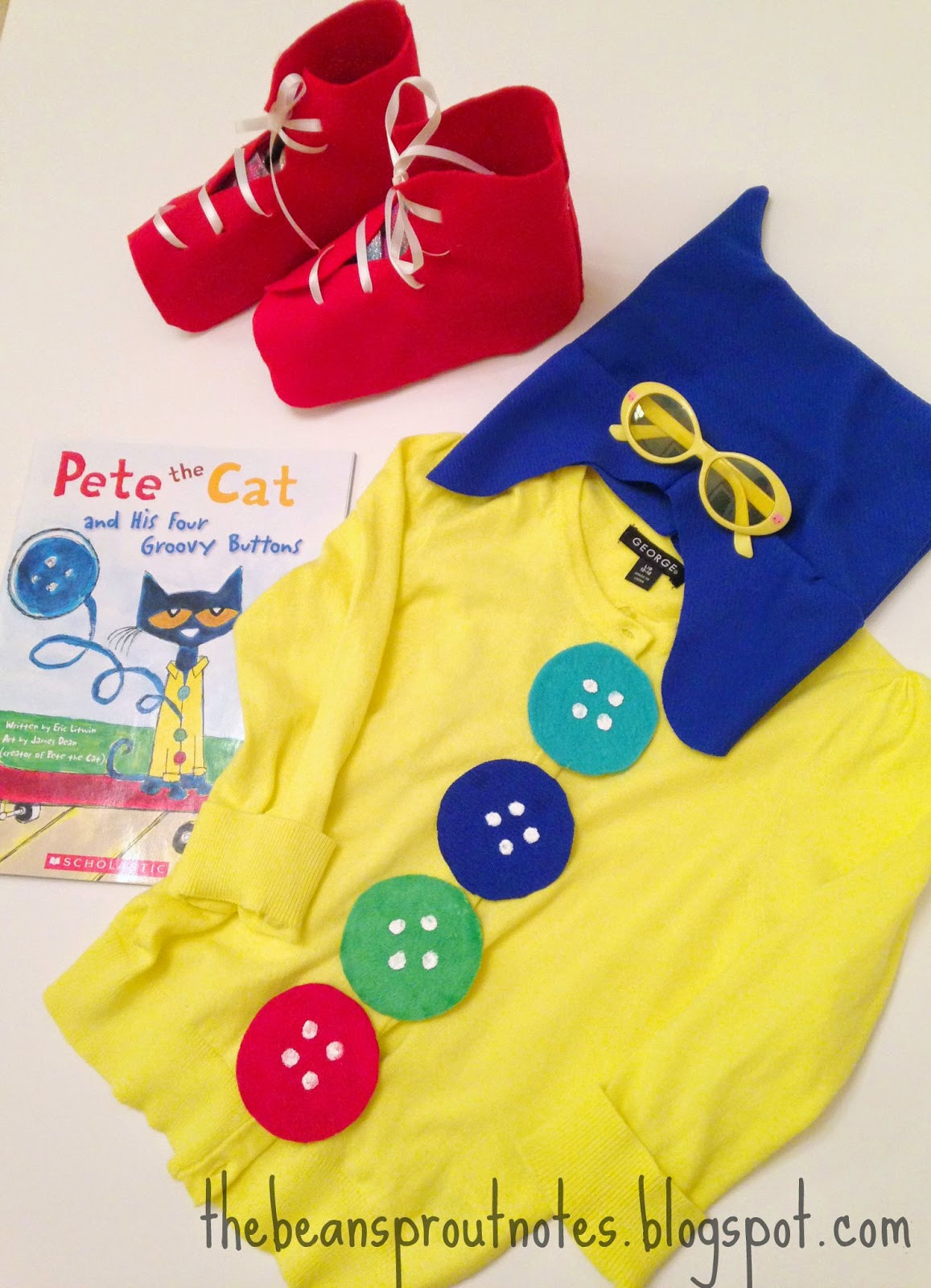 Pete The Cat Costume DIY
 The Bean Sprout Notes Pete the Cat Four Groovy Buttons