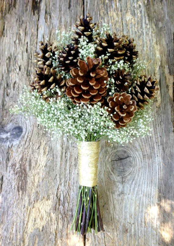 Pine Cone Wedding Decorations
 Winter Wedding Pine Cone and Dried Baby s Breath Bouquet