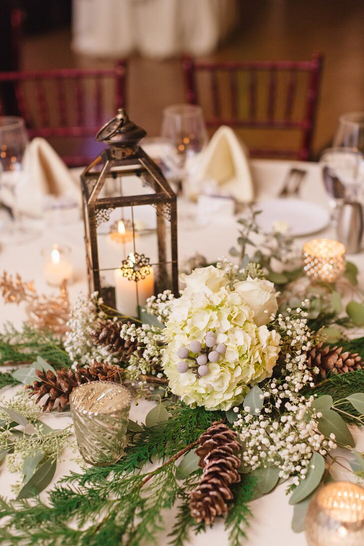 Pine Cone Wedding Decorations
 Centerpiece with Lantern Pinecones and Hydrangeas