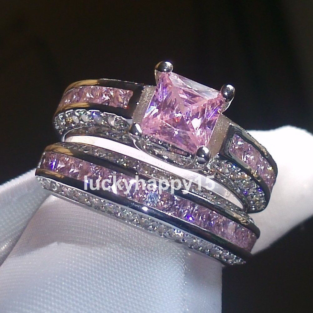 Pink And Black Wedding Ring Sets
 Women s 18K White Gold Filled Princess Cut Pink Sapphire