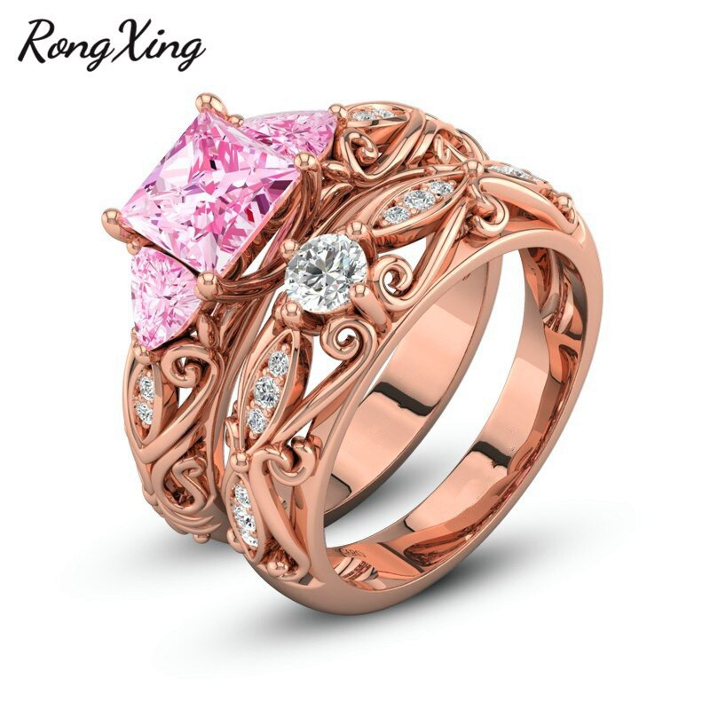 Pink And Black Wedding Ring Sets
 RongXing Fashion Rose Gold Filled Square Pink Zircon