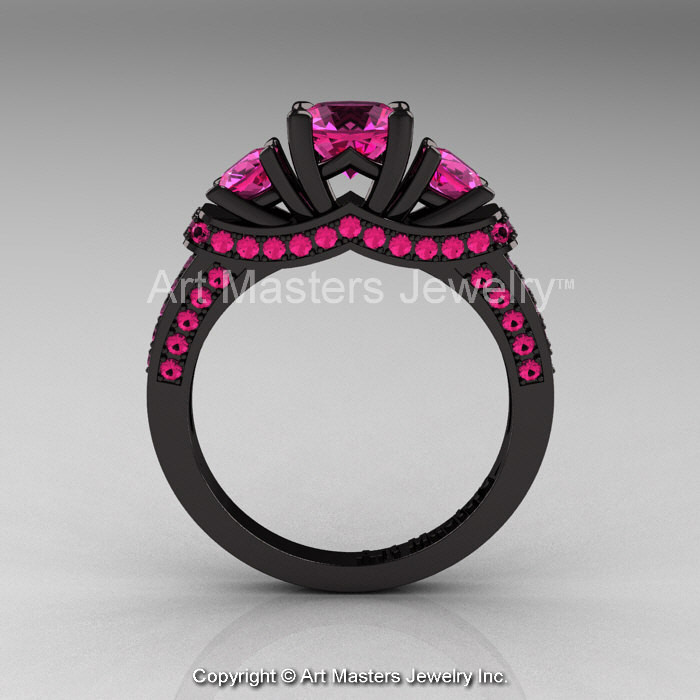 Pink And Black Wedding Ring Sets
 French 14K Black Gold Three Stone Pink Sapphire Engagement