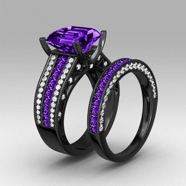 Pink And Black Wedding Ring Sets
 Asscher Cut Amethyst Diamond Black Gold Plated 925