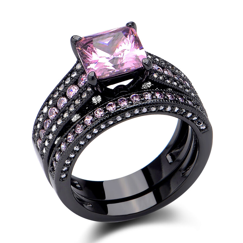 Pink And Black Wedding Ring Sets
 Vintage Pink Sapphire Sterling Silver Black Gold Plated 2