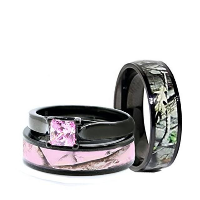 Pink And Black Wedding Ring Sets
 His And Hers Pink Women & Men Black Titanium Camo And